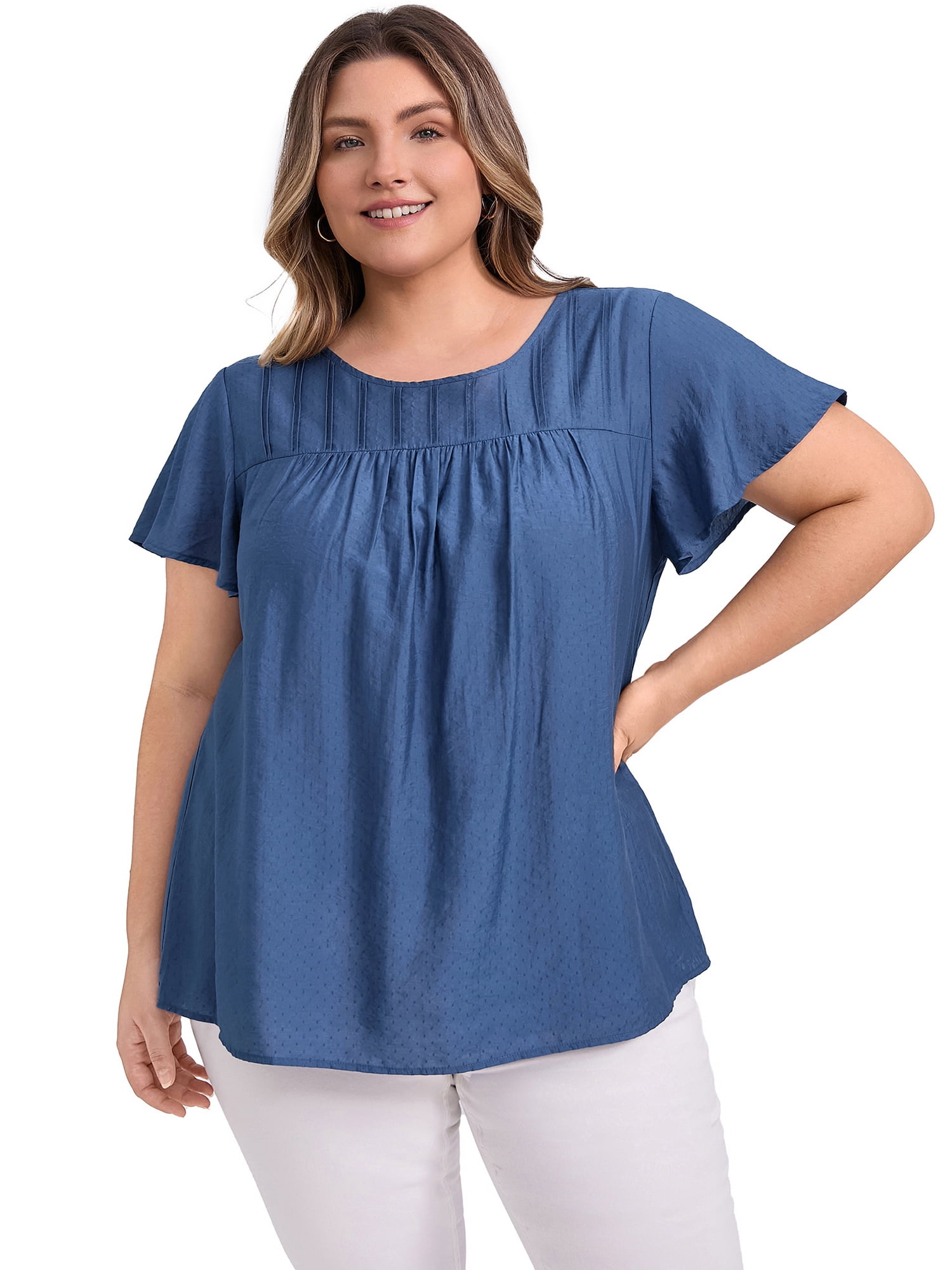 DARING DIVA Women's Plus Crew Neck Ruffle Casual Blouse 1X Dark Blue