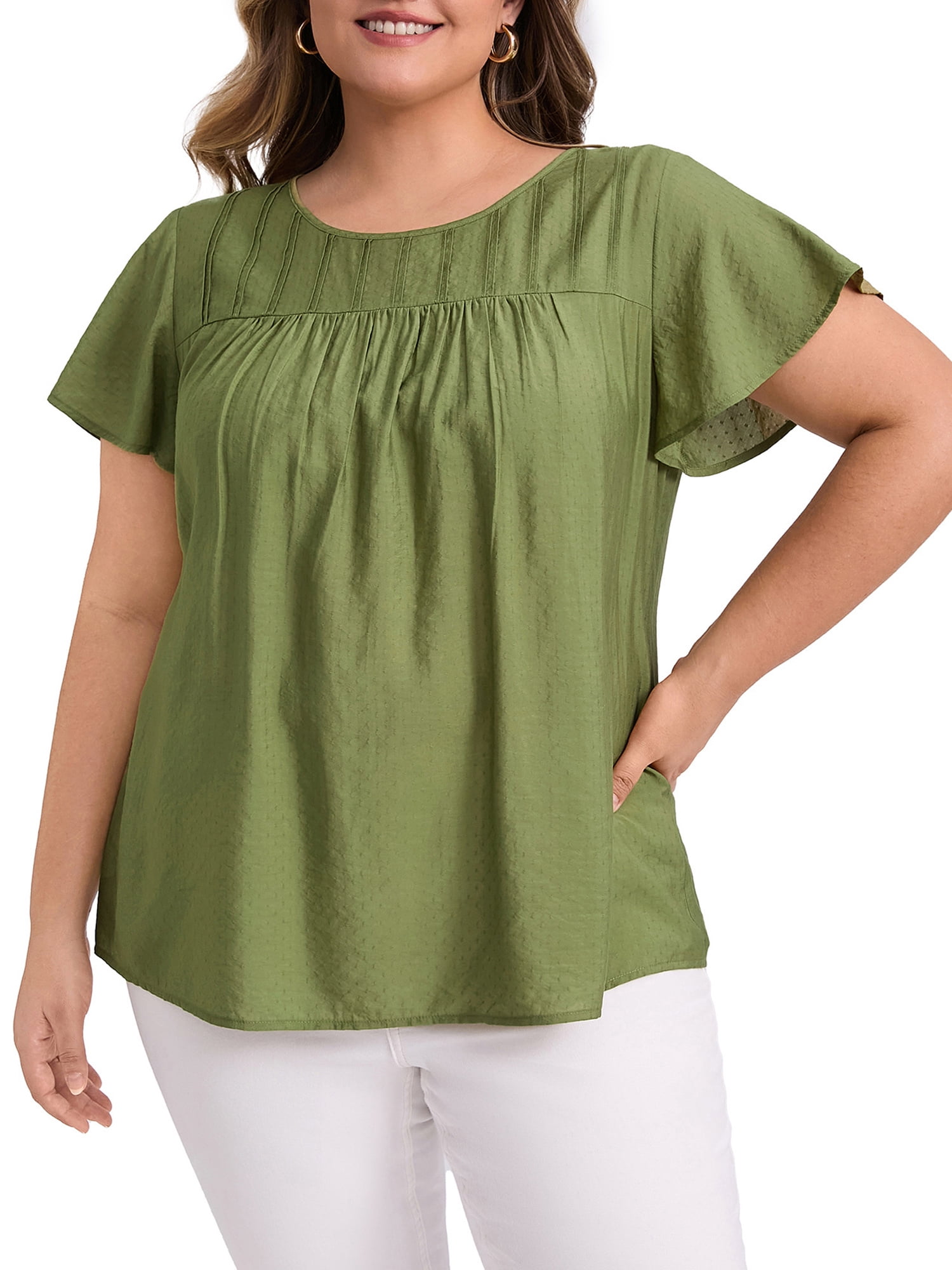 DARING DIVA Women's Plus Crew Neck Ruffle Casual Blouse 1X Olive Green