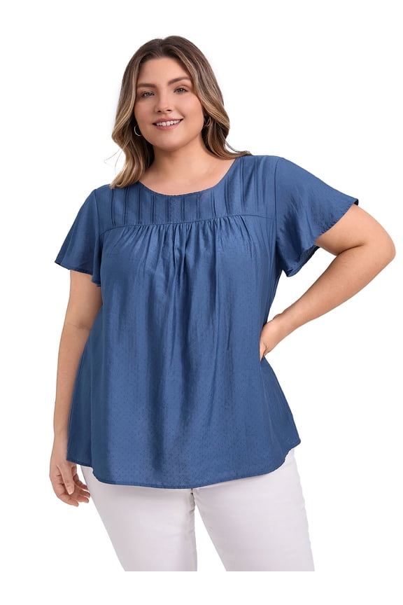Women's Plus Crew Neck Ruffle Short Sleeve Casual Blouse 4X Dark Blue