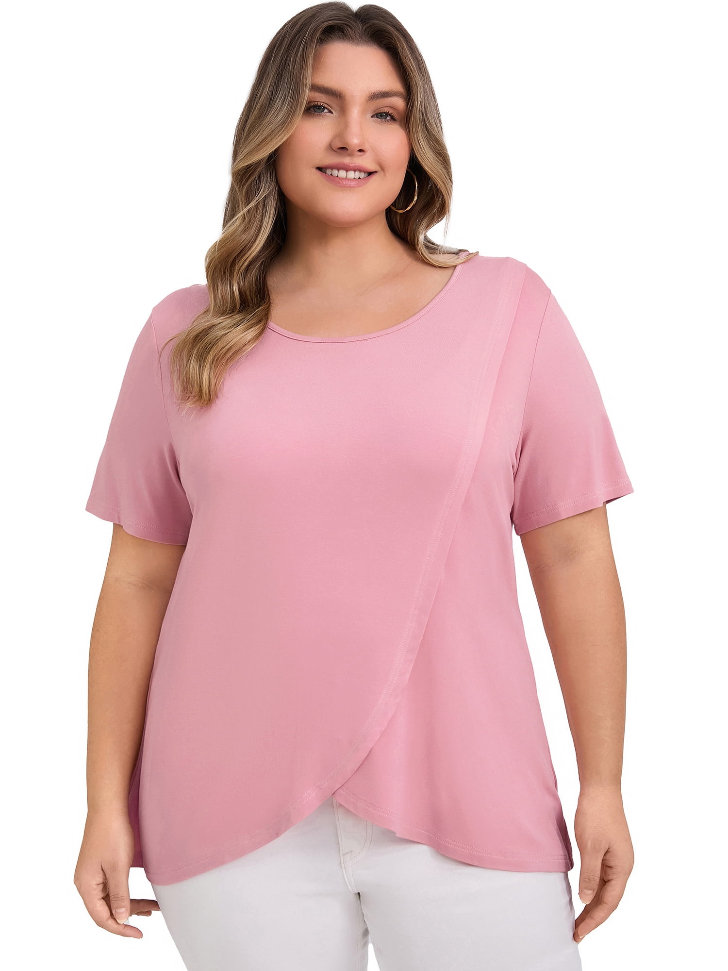 DARING DIVA Women's Plus Crew Neck Short Sleeve Blouse 3X Pink