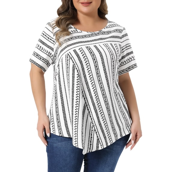 DARING DIVA Women's Plus Crew Neck Short Sleeve Boho Striped Blouse Top 1X White