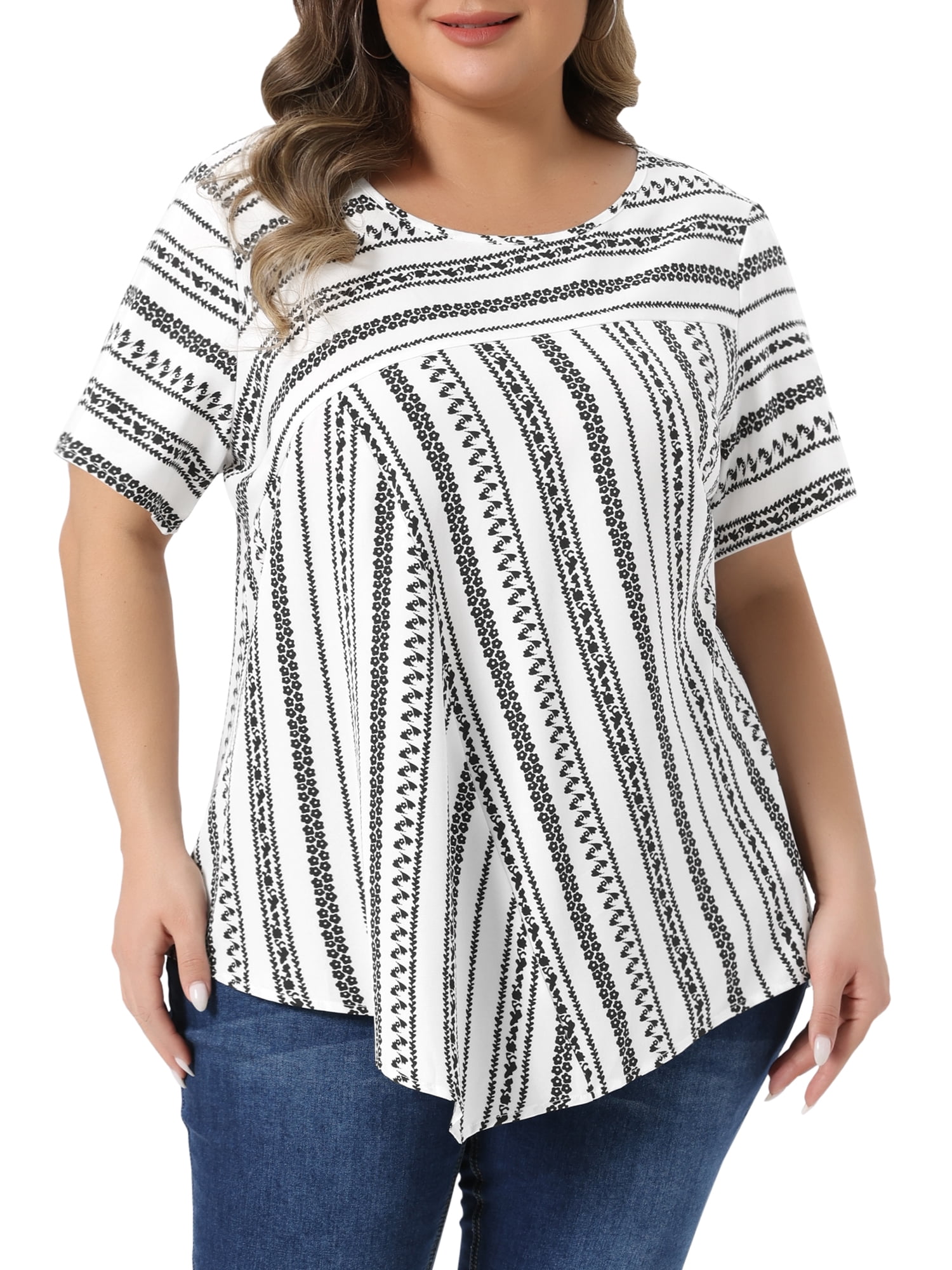 DARING DIVA Women's Plus Crew Neck Short Sleeve Boho Striped Blouse Top 4X White