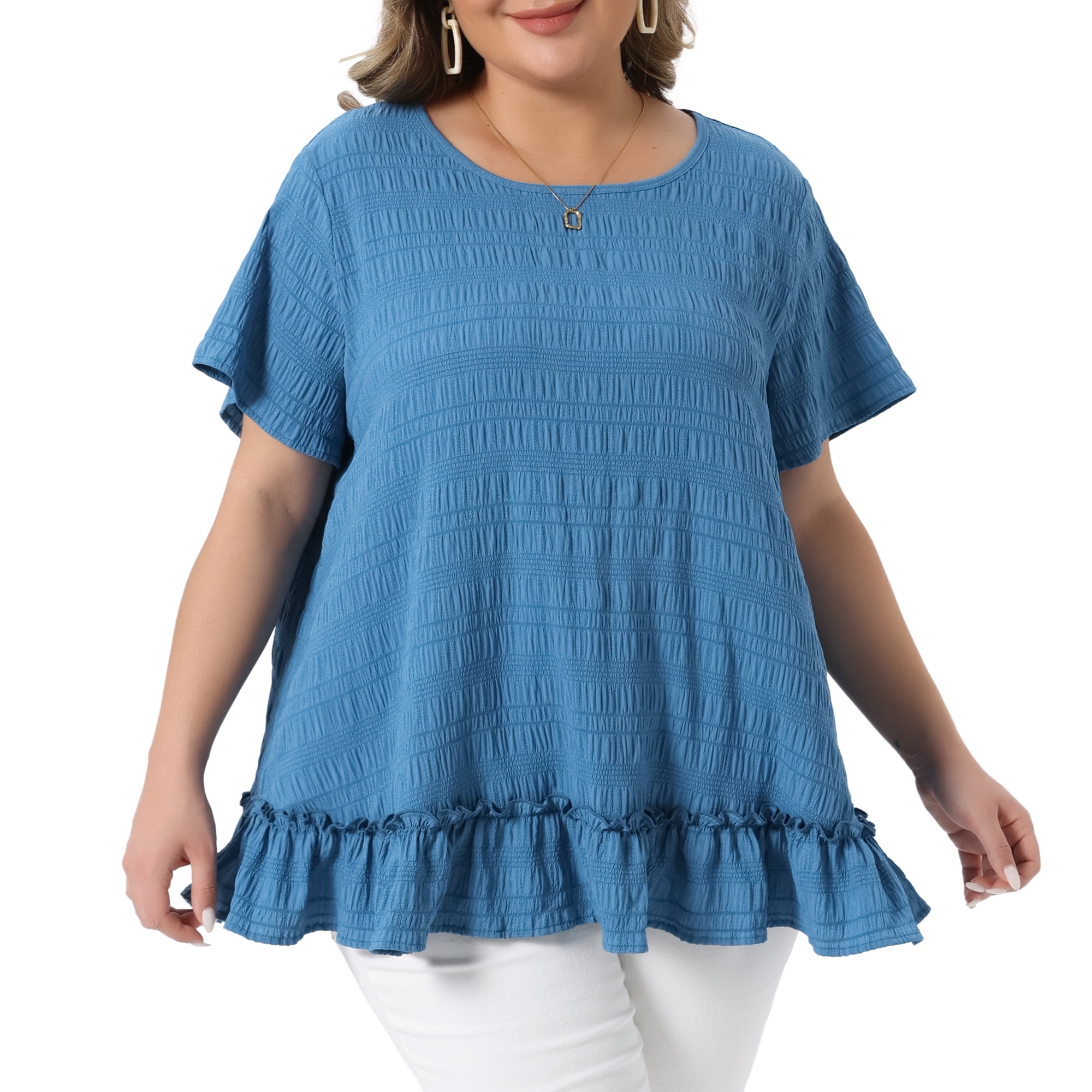 DARING DIVA Women's Plus Crew Neck Short Sleeve Loose Fit Flowy Blouse Top 1X Blue