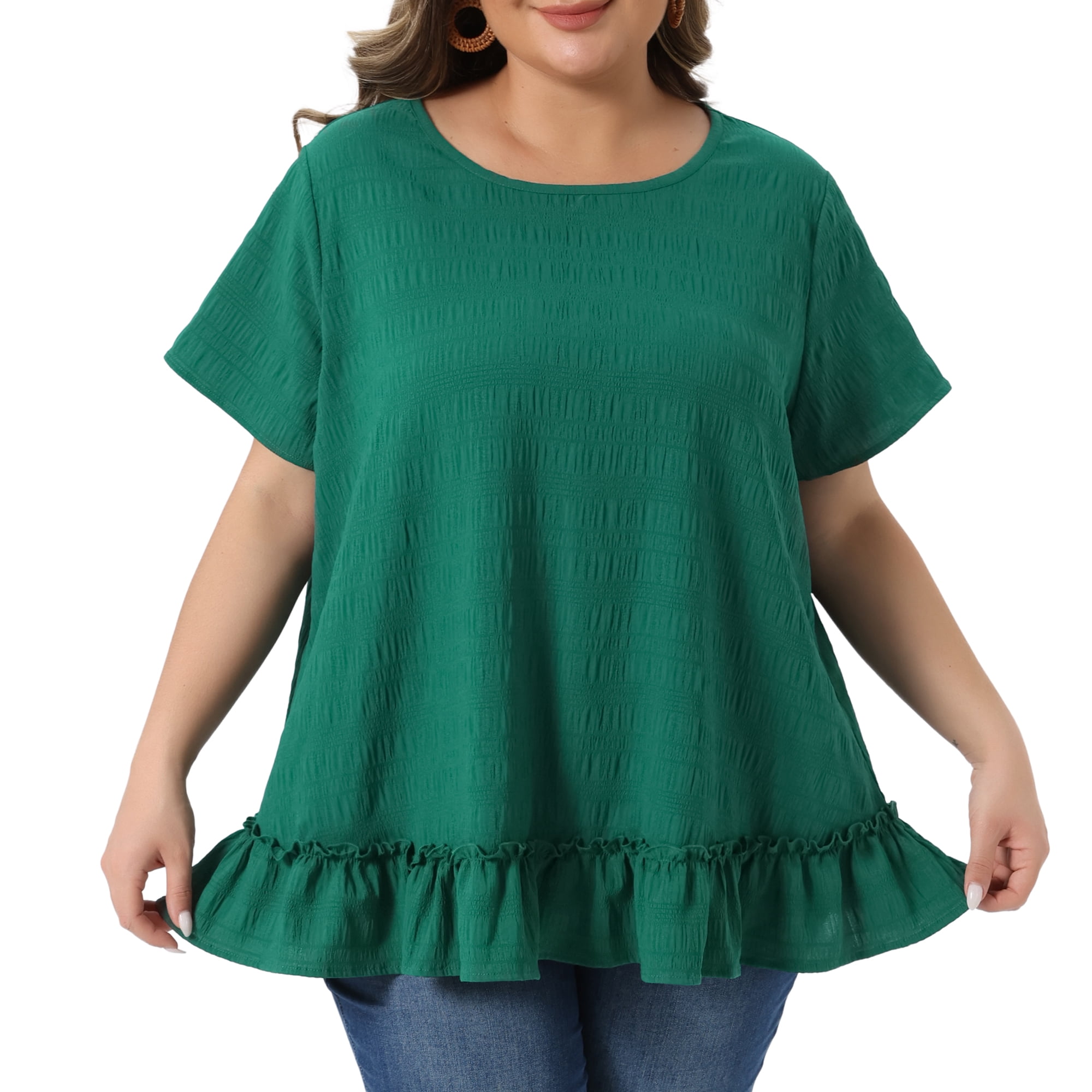DARING DIVA Women's Plus Crew Neck Short Sleeve Loose Fit Flowy Blouse Top 4X Green