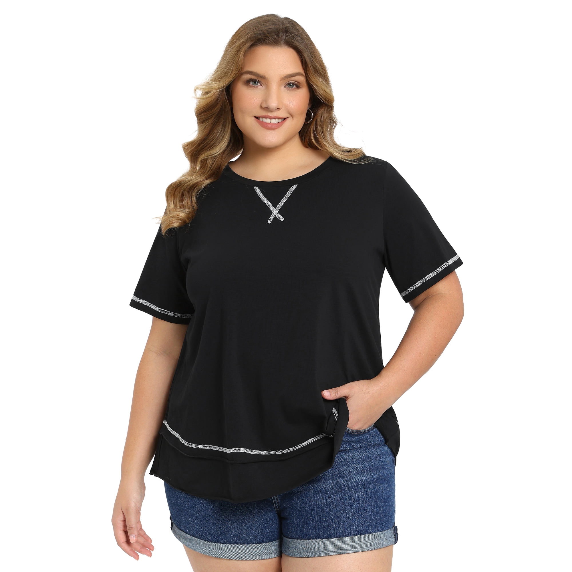 DARING DIVA Women's Plus Crew Neck Short Sleeve Loose Knit Blouse Tops 2X Black