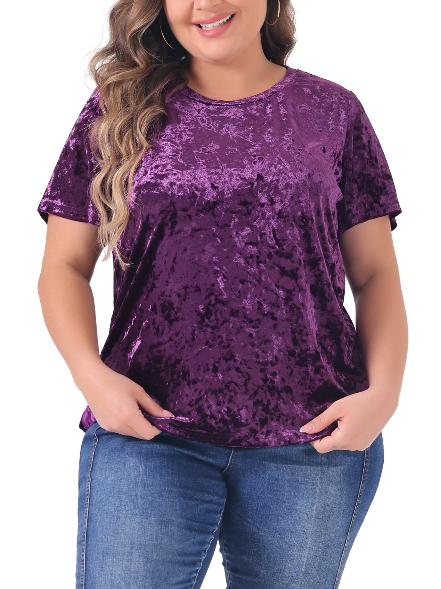 DARING DIVA Women's Plus Crew Neck Short Sleeve Tee Tops Velvet T-Shirt 1X Purple