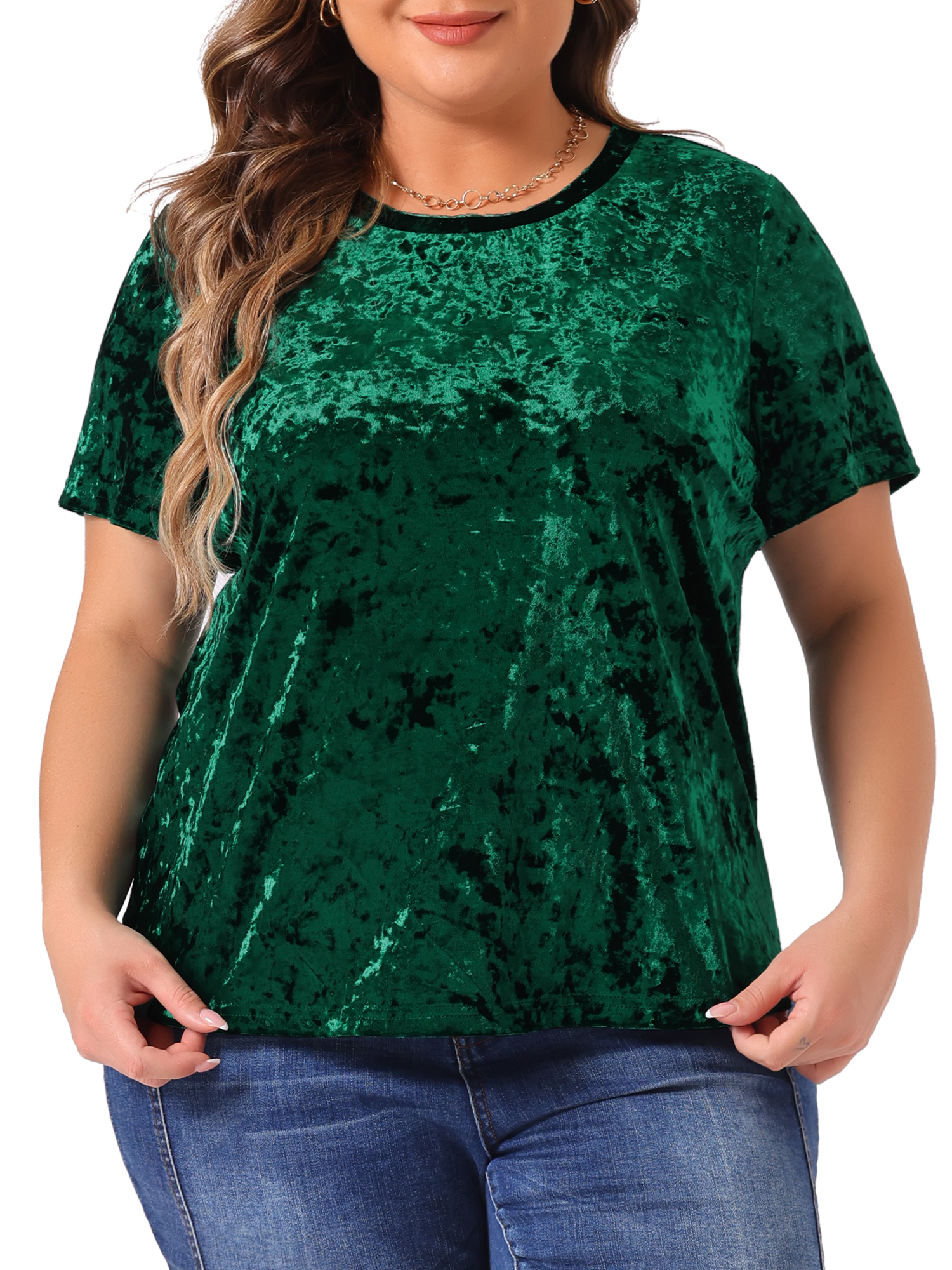 DARING DIVA Women's Plus Crew Neck Short Sleeve Tee Tops Velvet T-Shirt 4X Dark Green