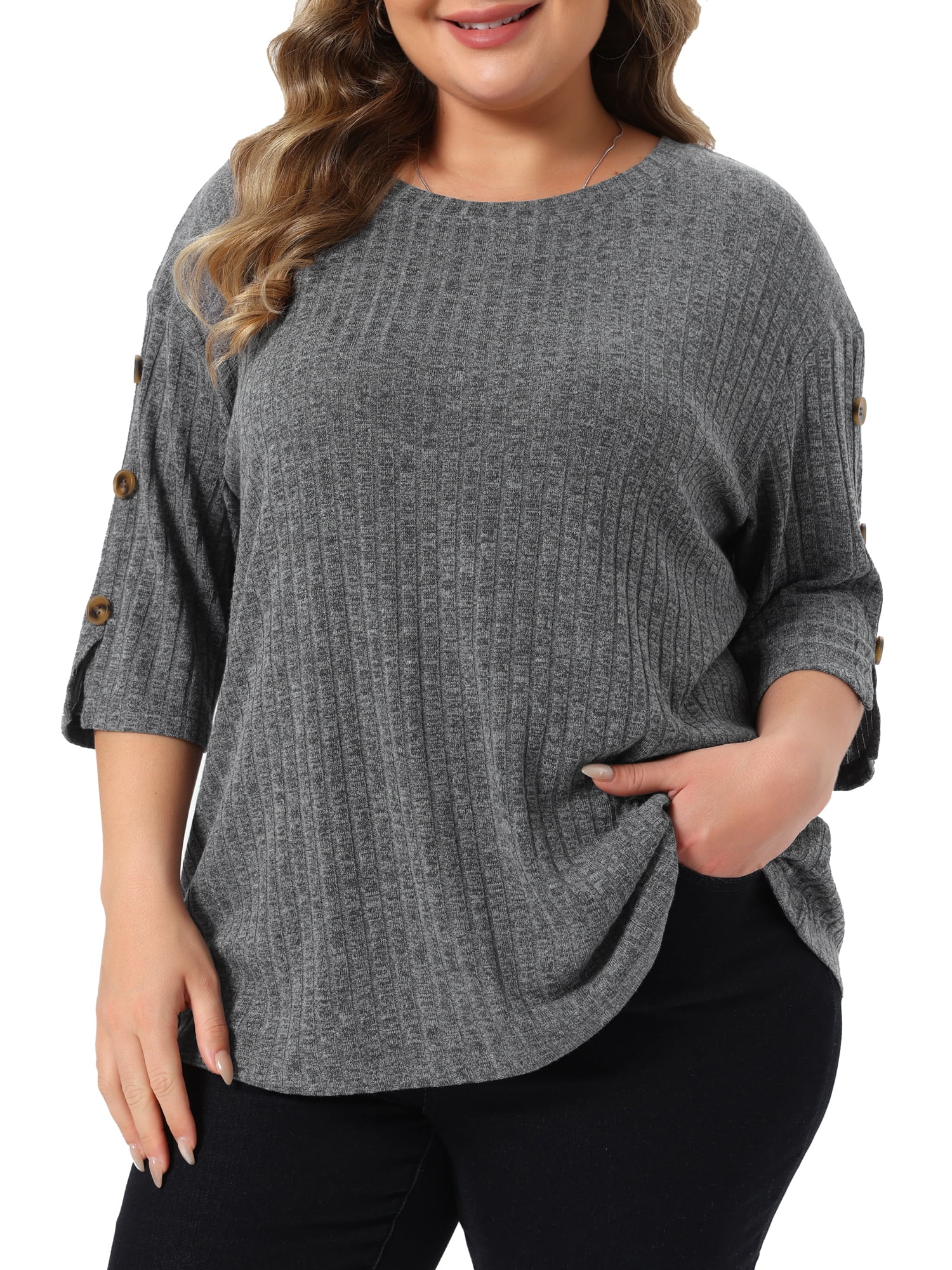 DARING DIVA Women's Plus Crew Neck Slit 3/4 Sleeve Button Tops 1X Grey