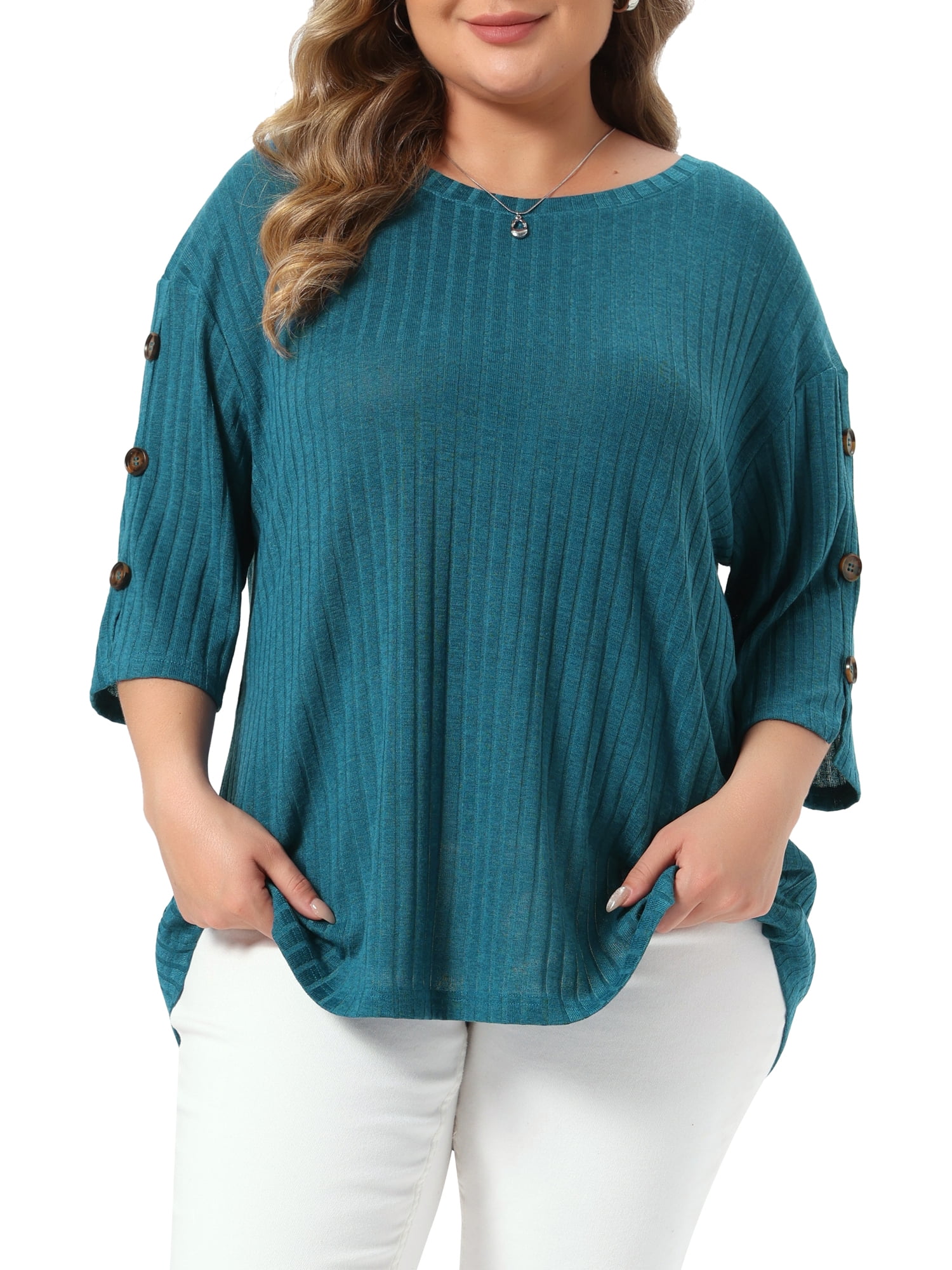 DARING DIVA Women's Plus Crew Neck Slit 3/4 Sleeve Button Tops 1X Lake Blue