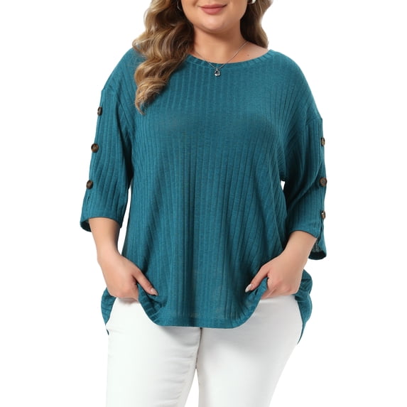 DARING DIVA Women's Plus Crew Neck Slit 3/4 Sleeve Button Tops 2X Lake Blue