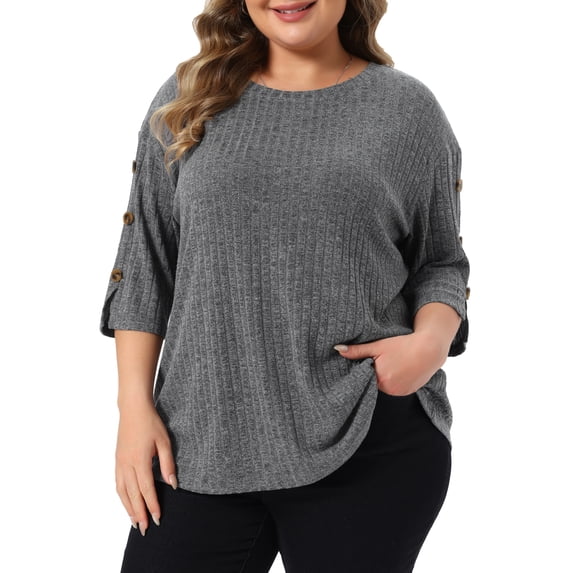 DARING DIVA Women's Plus Crew Neck Slit 3/4 Sleeve Button Tops 3X Grey