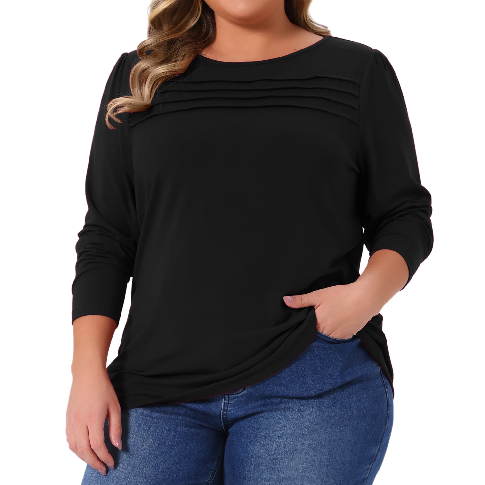 DARING DIVA Women's Plus Crew Neck T Shirt with Front Tucks 2X Black