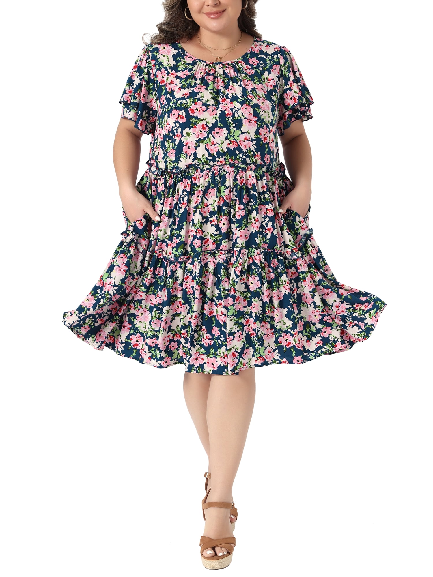 DARING DIVA Women's Plus Crew Neck and Ruffle Short Sleeves Floral Dress 3X Navy Blue