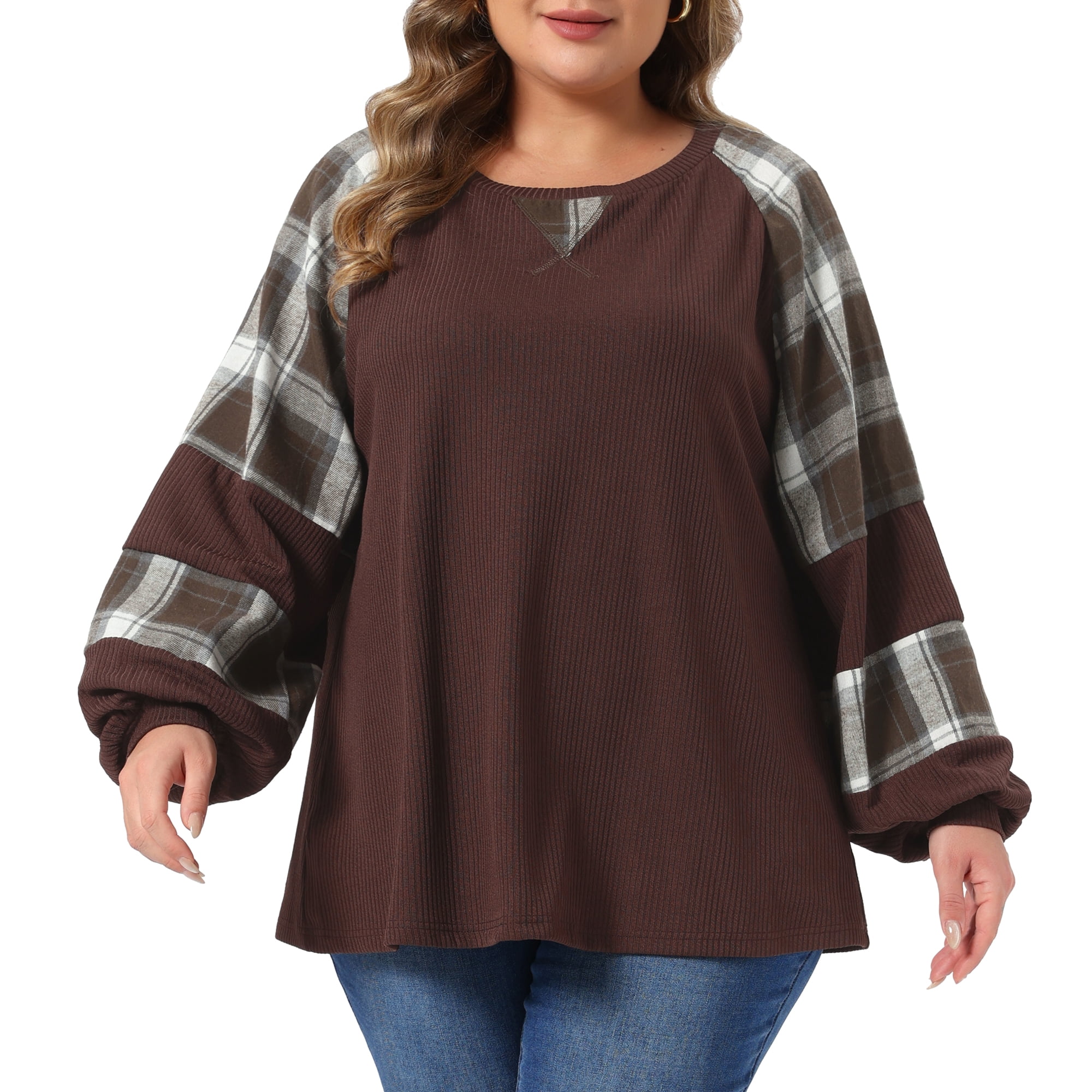 DARING DIVA Women's Plus Crewneck Cable Knit Long Sleeve Shirts 2X Brown