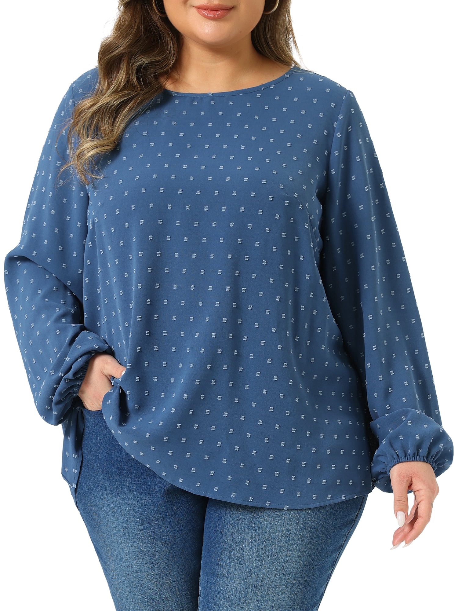 DARING DIVA Women's Plus Crewneck Chiffon Swiss Dots Shirts Top 2X Gray Blue