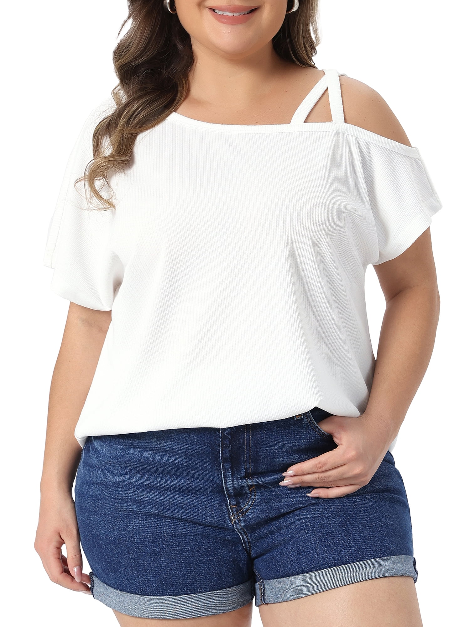 DARING DIVA Women's Plus Criss Cross Off One Shoulder T-Shirts 1X White