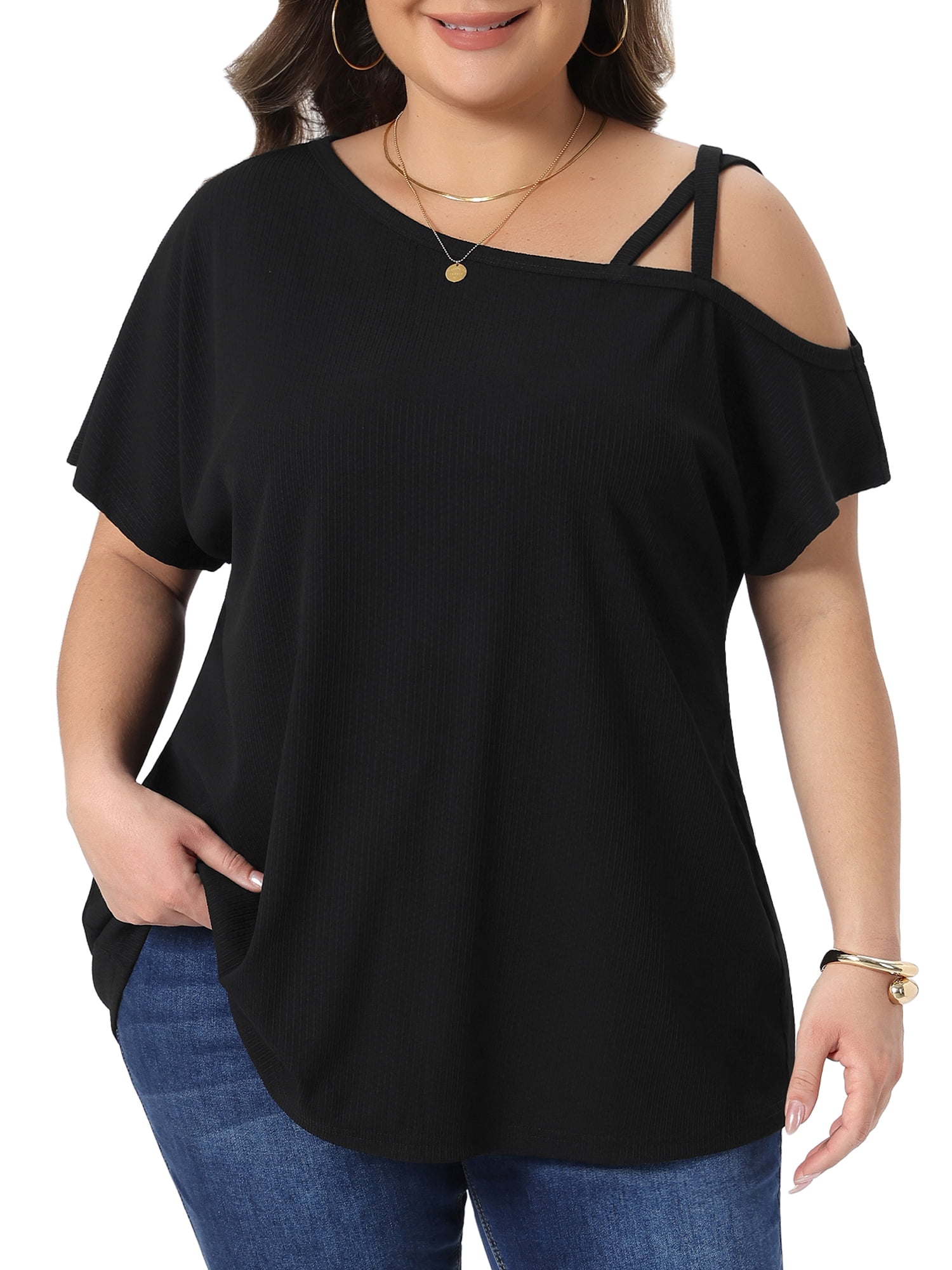 DARING DIVA Women's Plus Criss Cross Off One Shoulder T-Shirts 2X Black