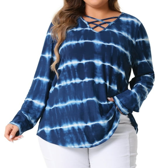 DARING DIVA Women's Plus Criss Cross V Neck Tie Dye Blouse 1X Blue