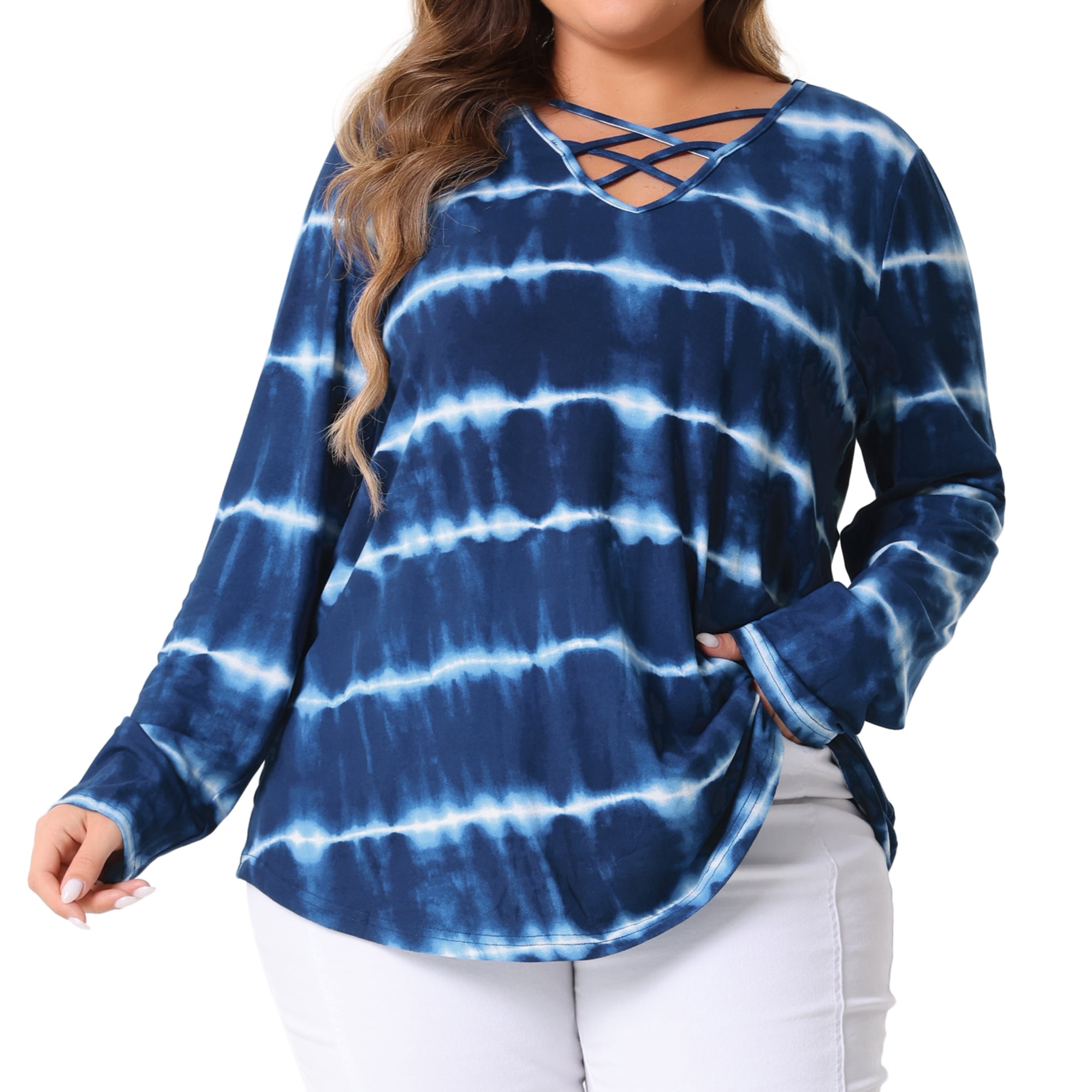 DARING DIVA Women's Plus Criss Cross V Neck Tie Dye Blouse 4X Blue