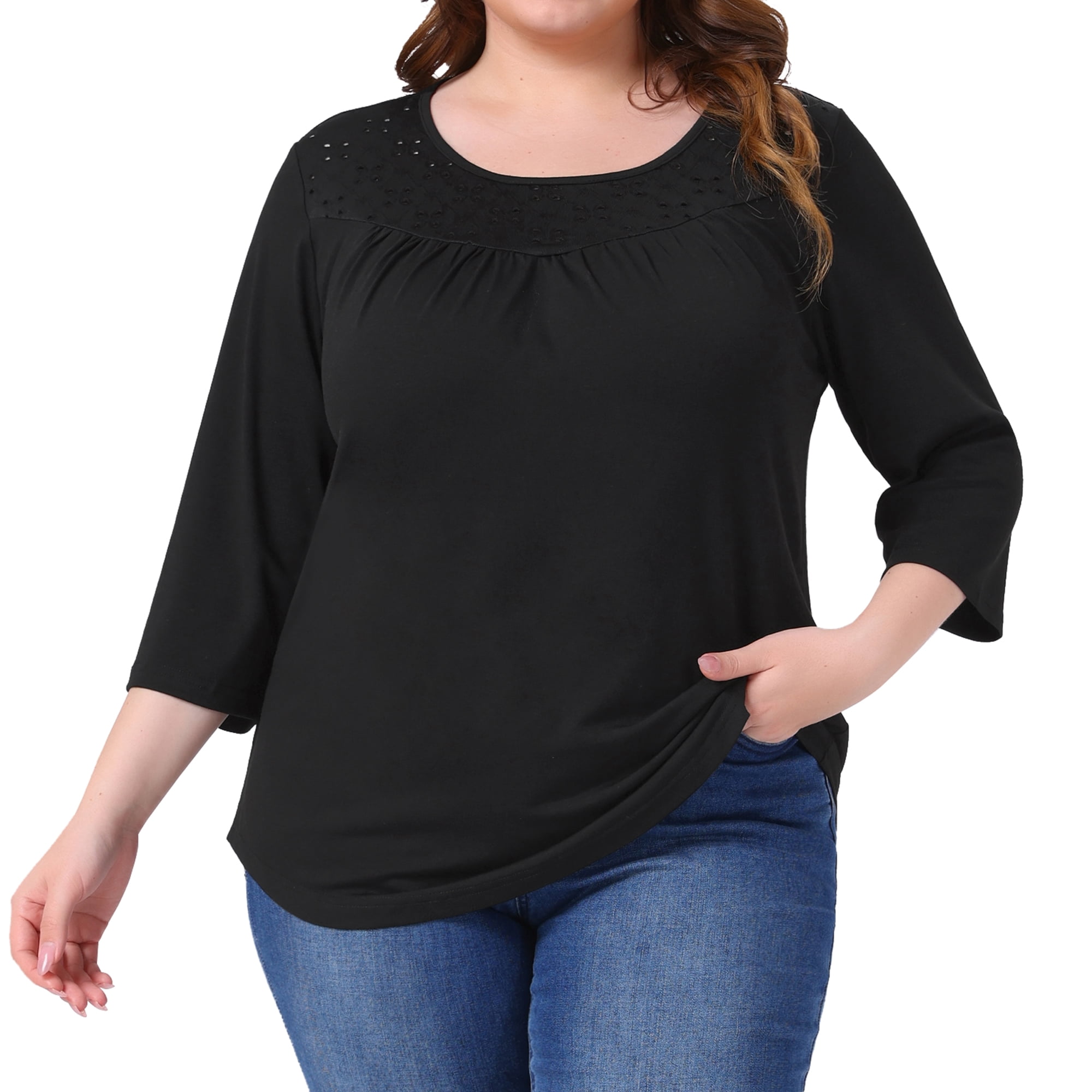DARING DIVA Women's Plus 3/4 Sleeve Crochet Lace Detail Blouse Tunic Shirt 4X Black