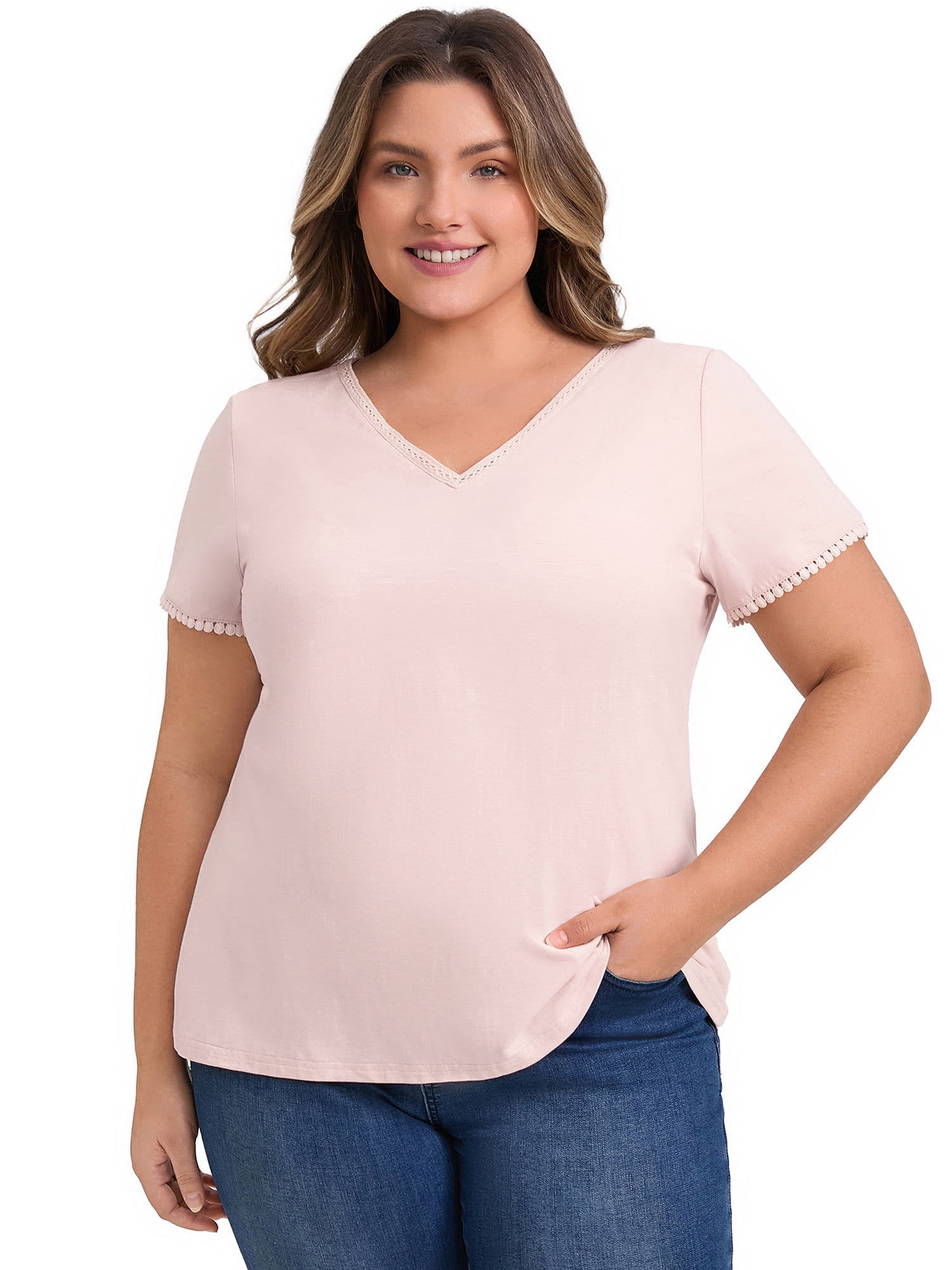 DARING DIVA Women's Plus Crochet Trim V Neck Blouse 4X Light Pink