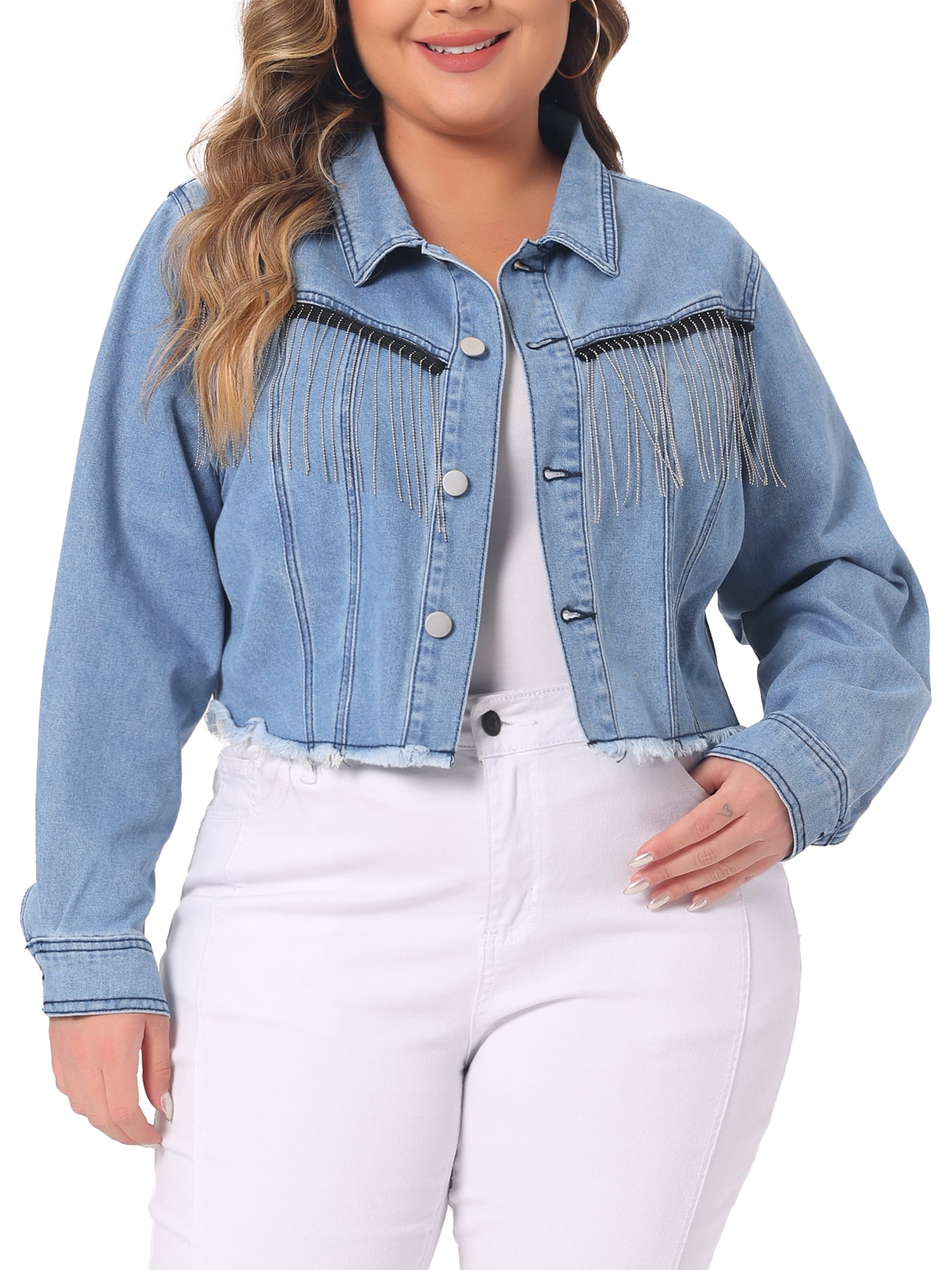 DARING DIVA Women's Plus Cropped Button Frayed Hem Tassel Crop Jean Jackets 3X Blue