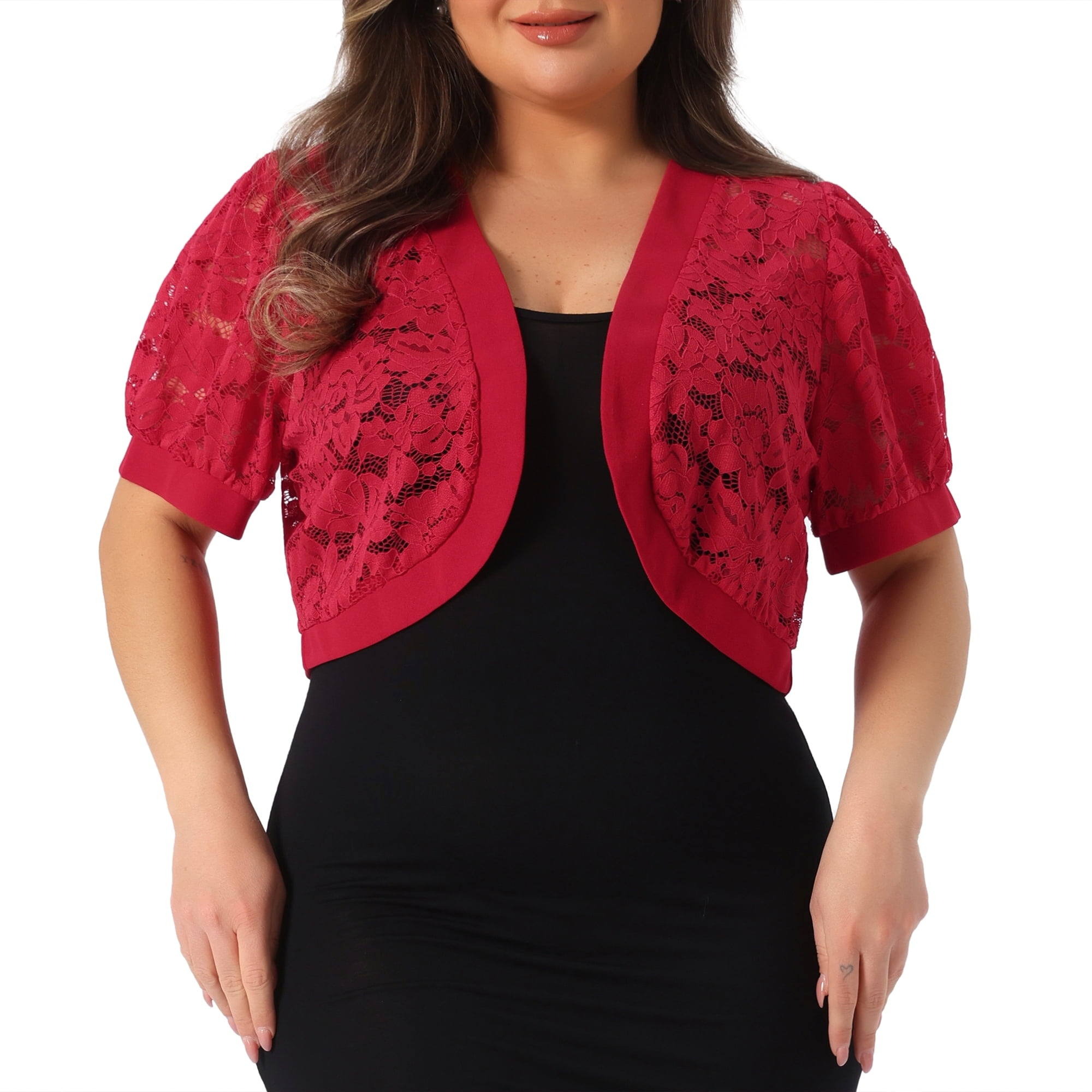 DARING DIVA Women's Plus Cropped Cardigans Floral Lace Bolero Shrugs 3X Red