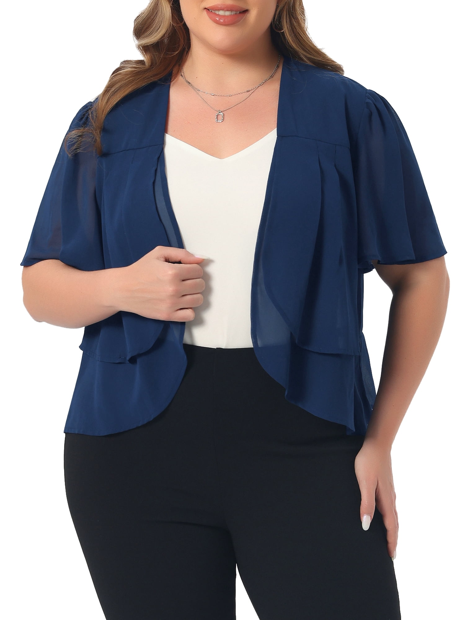 DARING DIVA Women's Plus Cropped Short Sleeve Open Front Sheer Shrug 4X Navy Blue