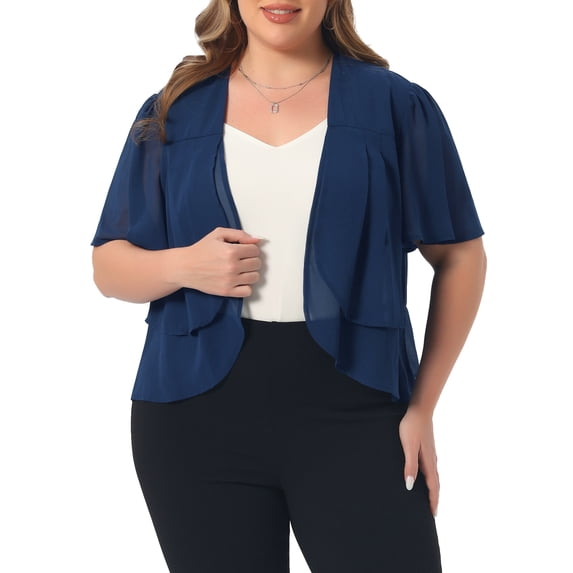 DARING DIVA Women's Plus Cropped Short Sleeve Open Front Sheer Shrug 4X Navy Blue