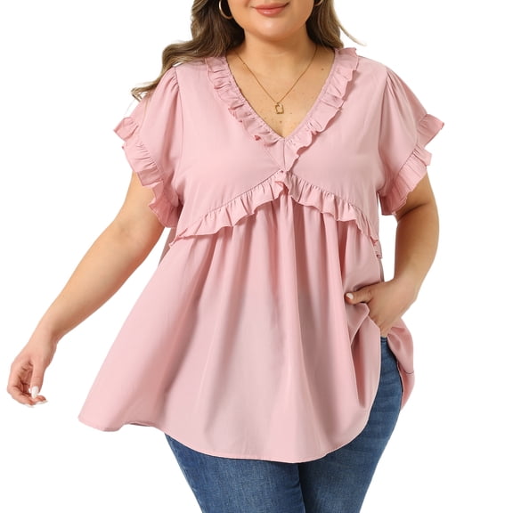 DARING DIVA Women's Plus Cute V Neck Ruffle Trim Babydoll Blouse 1X Pink