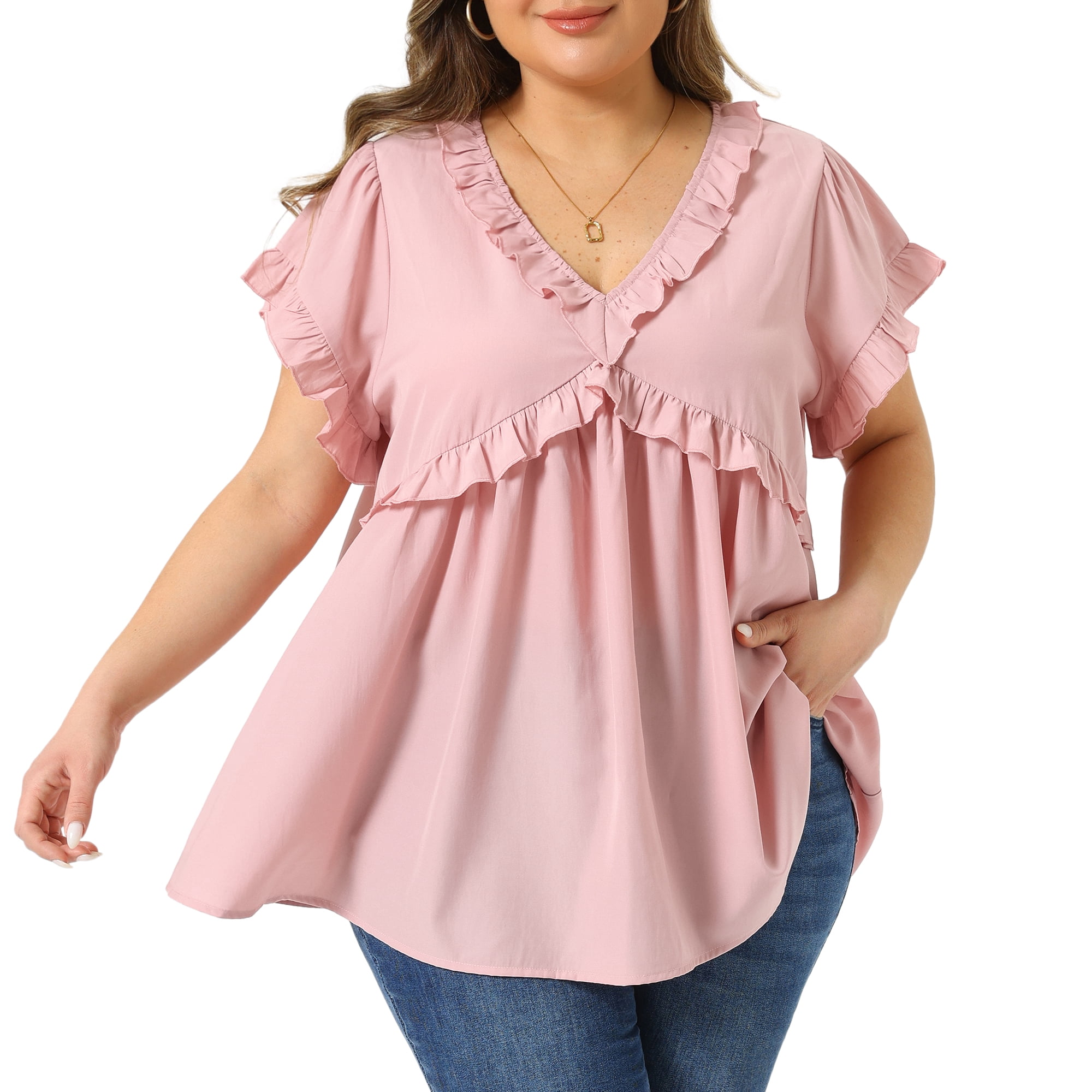 DARING DIVA Women's Plus Cute V Neck Ruffle Trim Babydoll Blouse 4X Pink