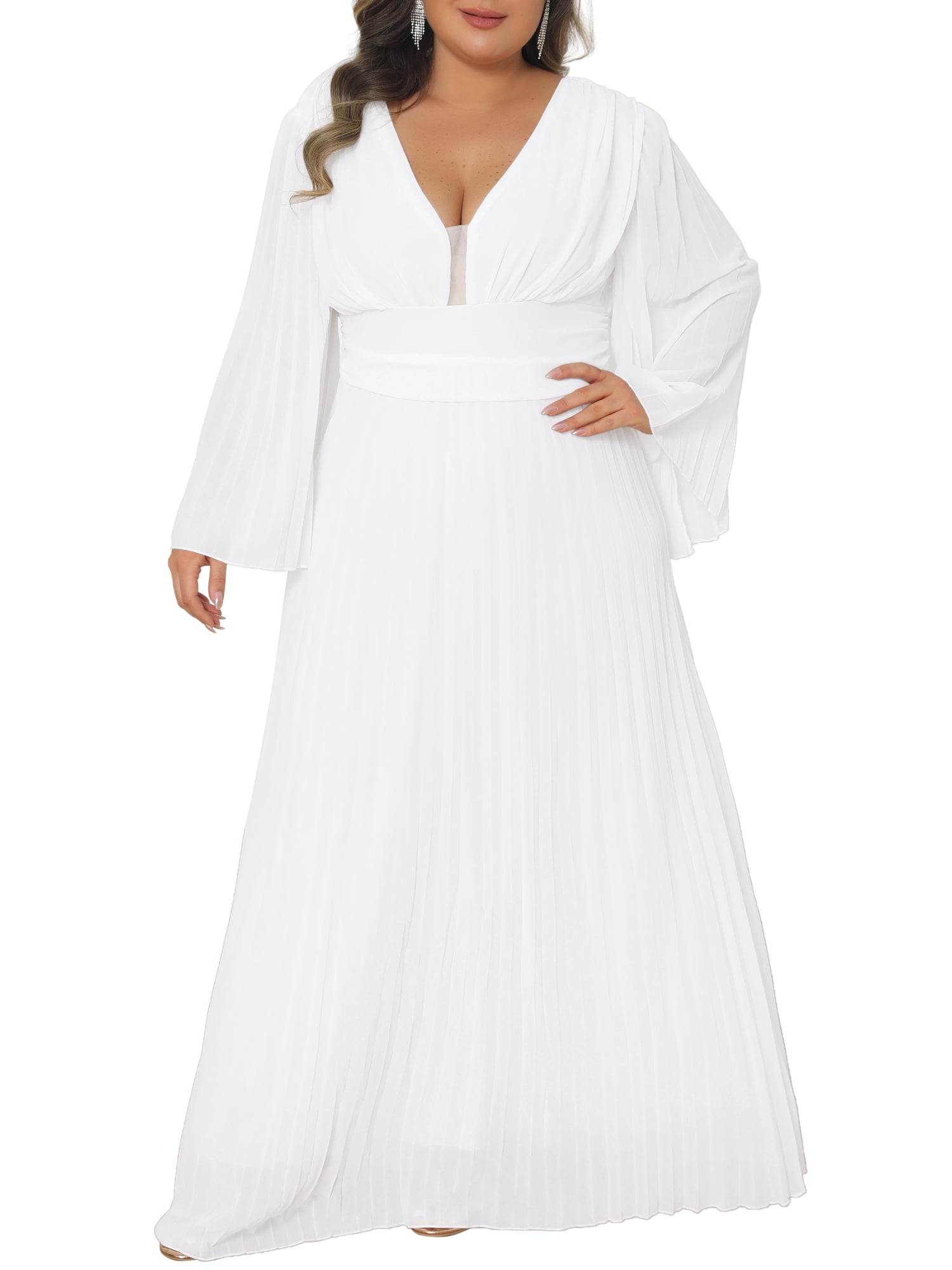 DARING DIVA Women's Plus Deep V Neck Long Sleeve Pleated Formal Dresses L White