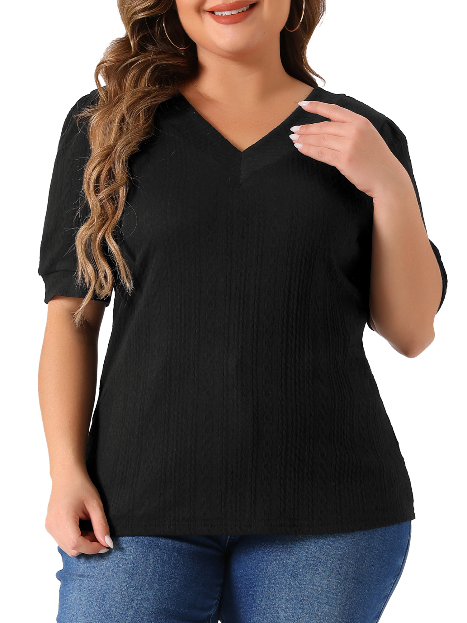 DARING DIVA Women's Plus Tops V Neck Pullover Knitted Casual Blouses 1X Black