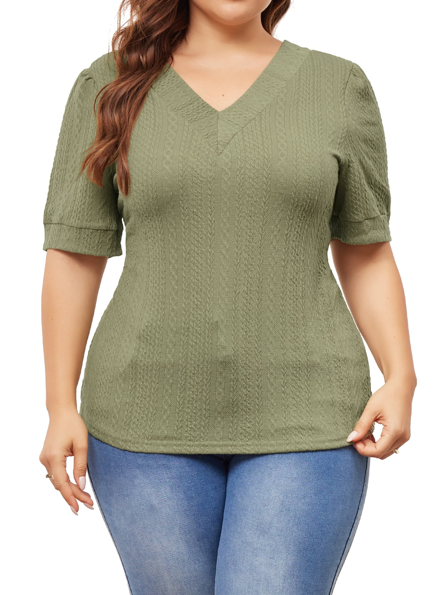 DARING DIVA Women's Plus Tops V Neck Pullover Knitted Casual Blouses 1X Grass Green