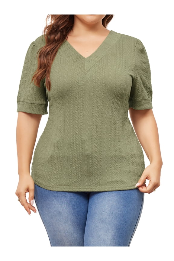 DARING DIVA Women's Plus Deep V Neck Short Sleeve Casual Blouse 4X Grass Green