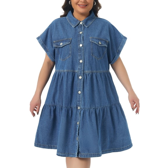 DARING DIVA Women's Plus Denim Babydoll Button Down Short Dress 1X Blue