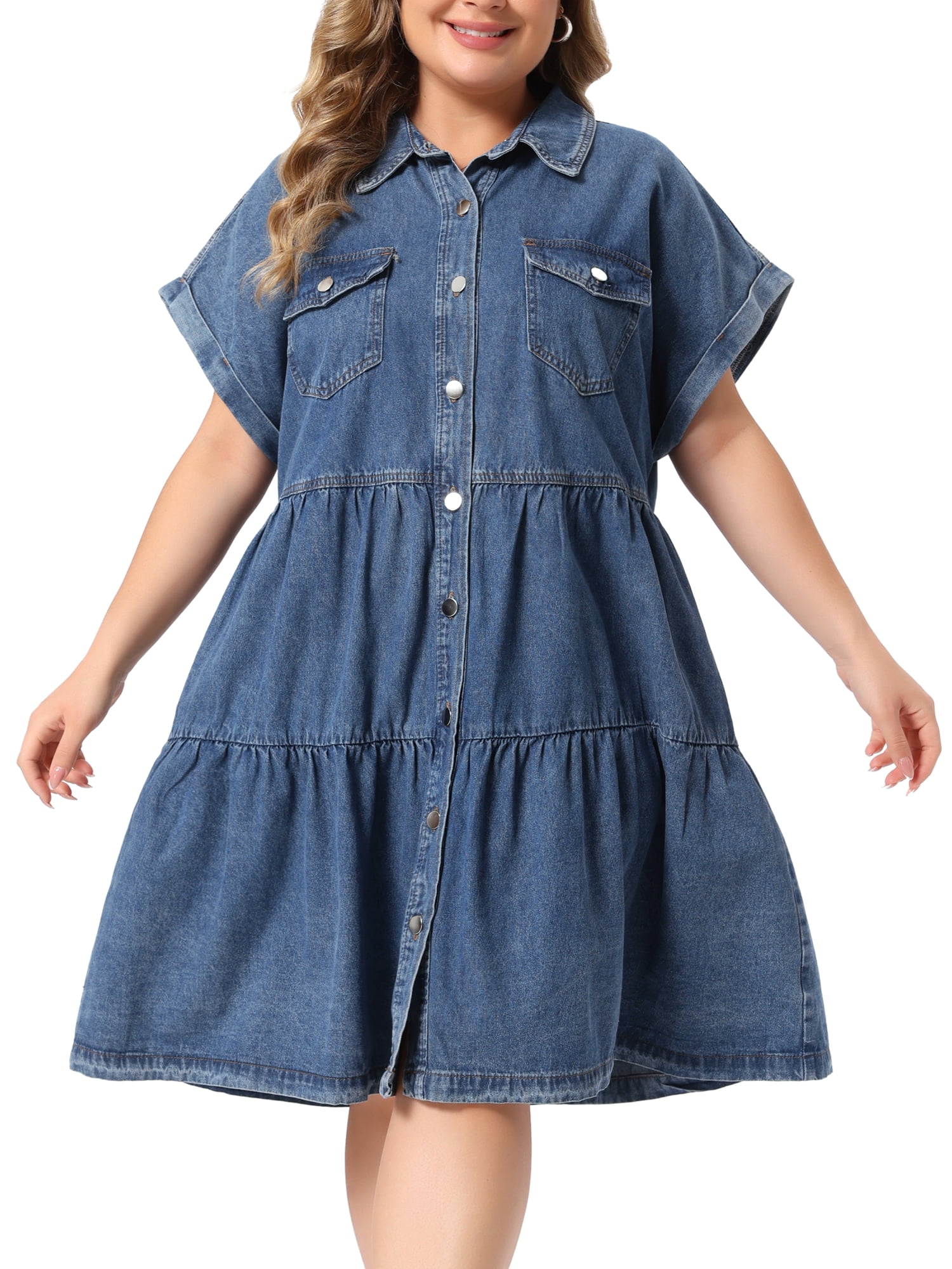 DARING DIVA Women's Plus Denim Babydoll Button Down Short Dress 1X Grey Blue