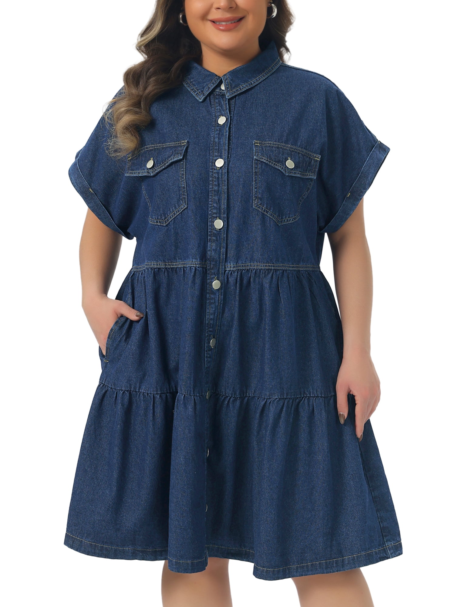 DARING DIVA Women's Plus Denim Babydoll Button Down Short Dress 3X Dark Blue