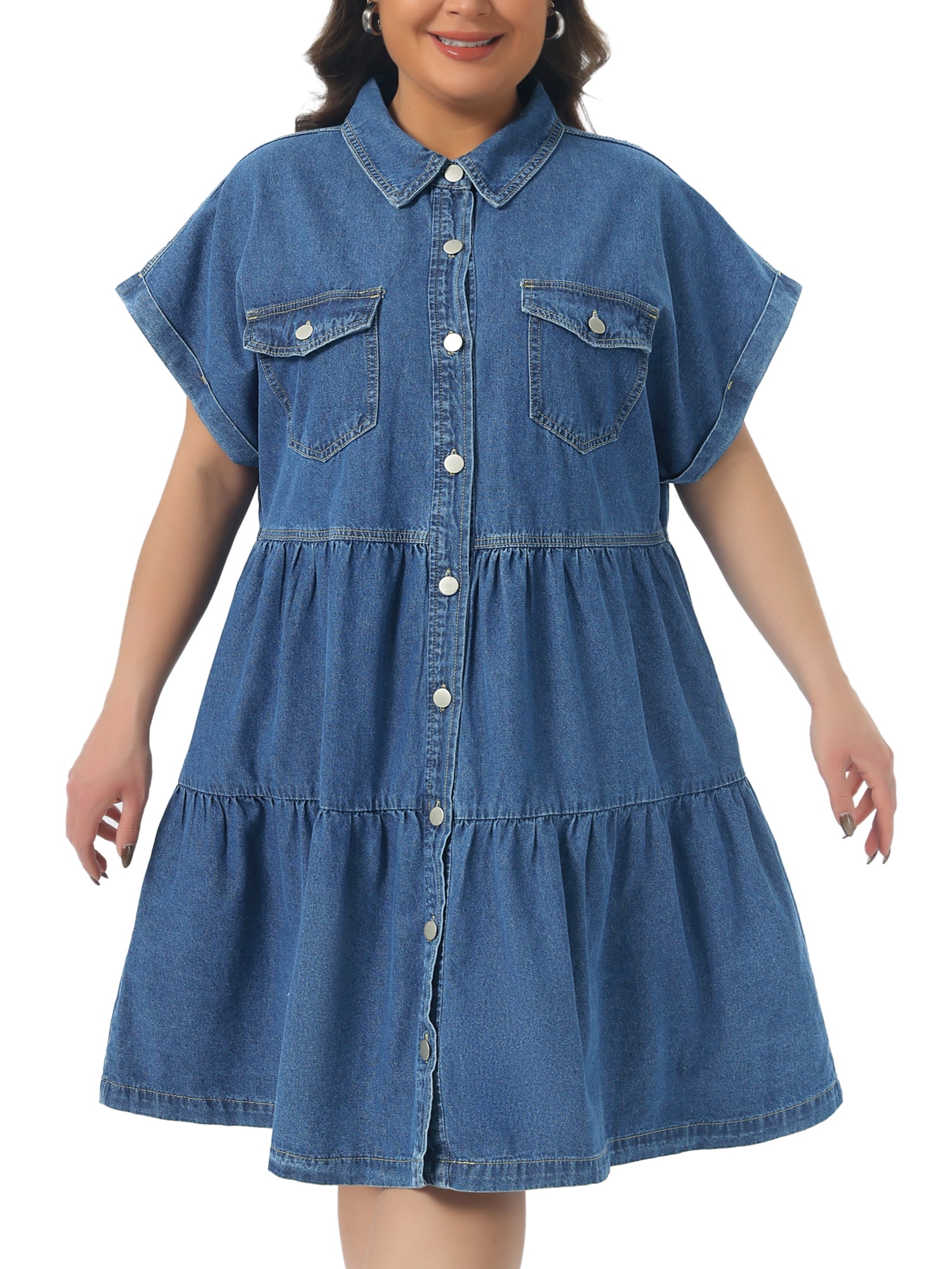 DARING DIVA Women's Plus Denim Babydoll Button Down Short Dress 4X Blue