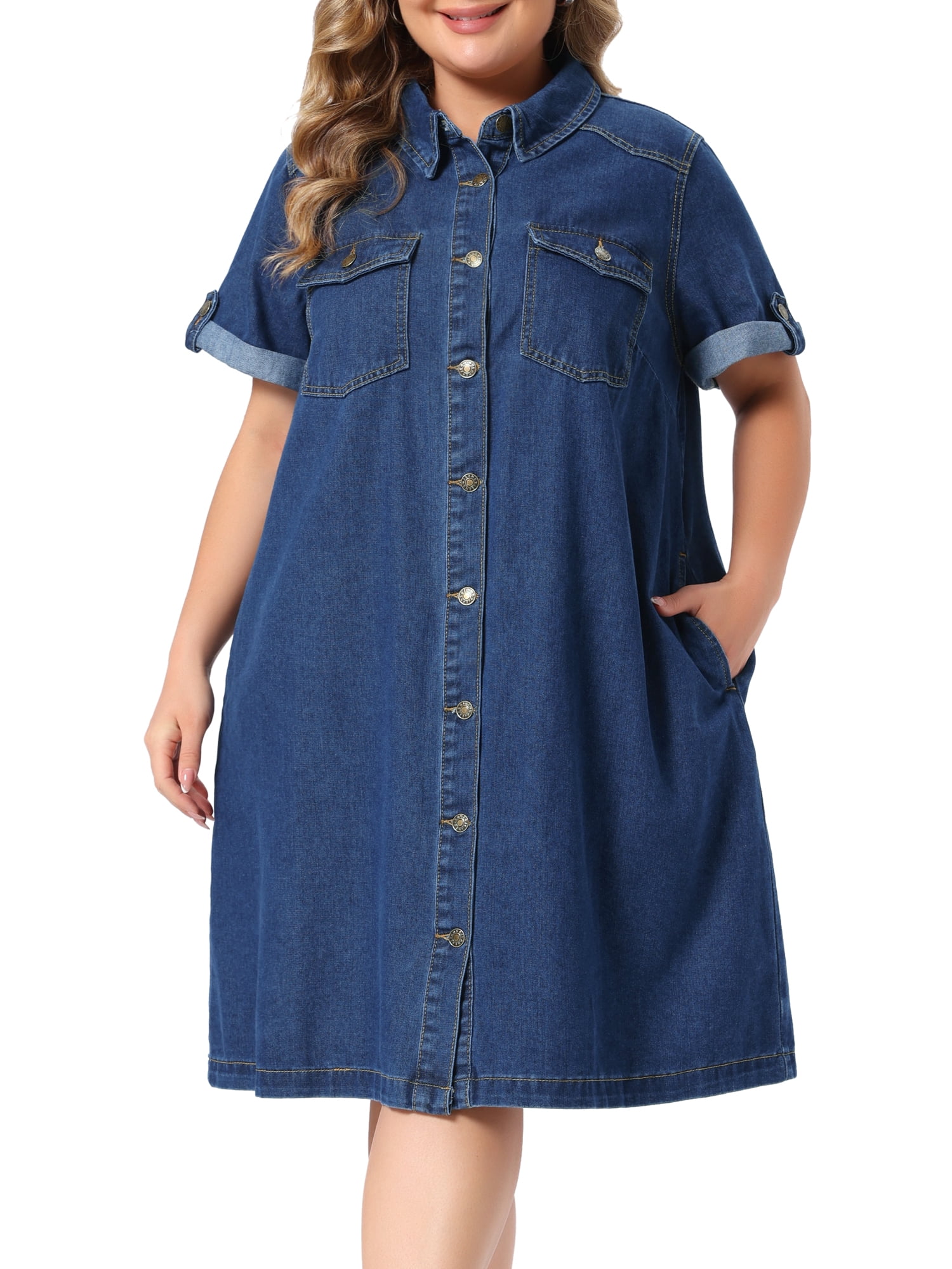 DARING DIVA Women's Plus Denim Button Down Short Sleeve Dress 4X Dark Blue