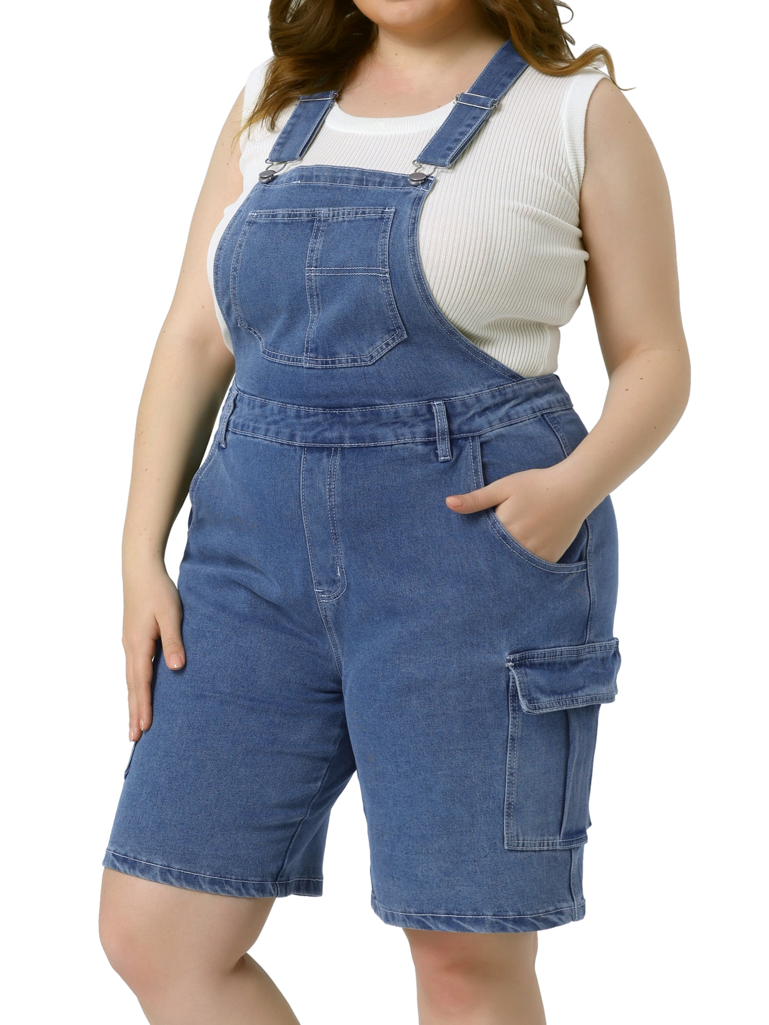 DARING DIVA Women's Plus Denim Cargo Adjustable Strap Jeans Pants 1X Gray Blue