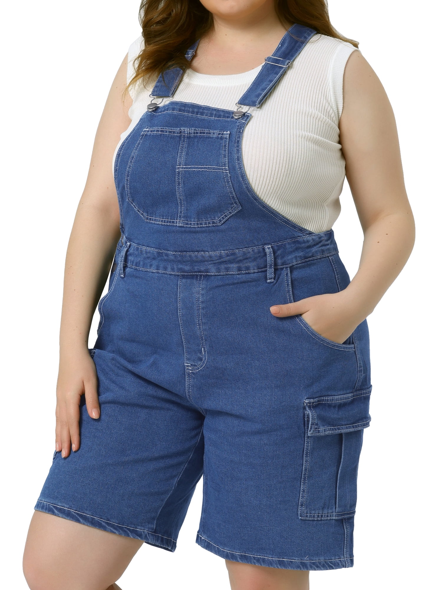 DARING DIVA Women's Plus Denim Cargo Adjustable Strap Jeans Pants 4X Blue