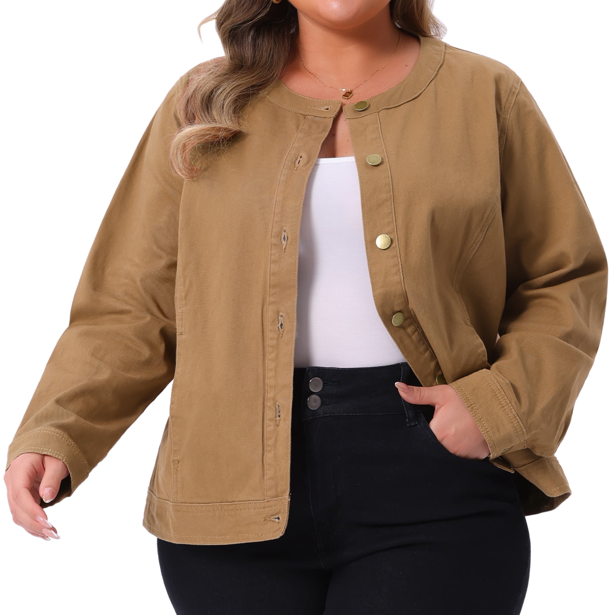 DARING DIVA Women's Plus Denim  Collarless Button Down Cargo Jean Shacket 1X Brown