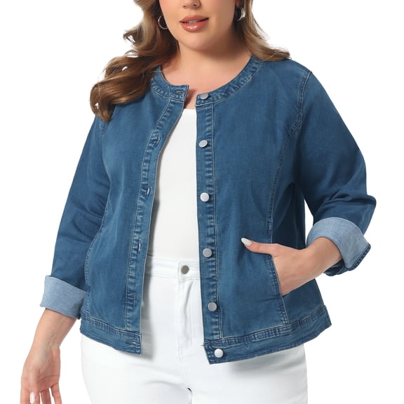 DARING DIVA Women's Plus Denim  Collarless Button Down Cargo Jean Shacket 2X Blue