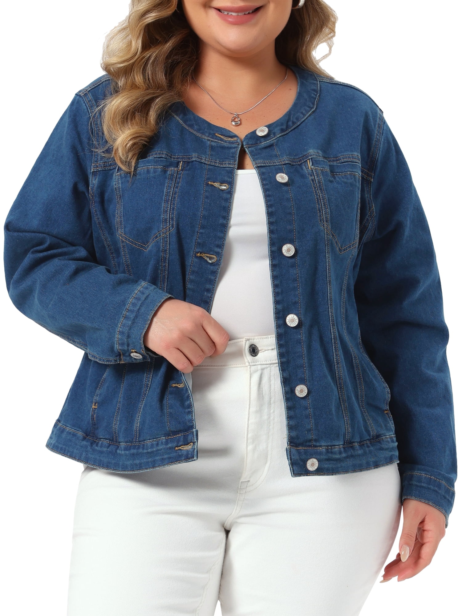 DARING DIVA Women's Plus Denim Collarless Button Jean Jacket 3X Dark Blue