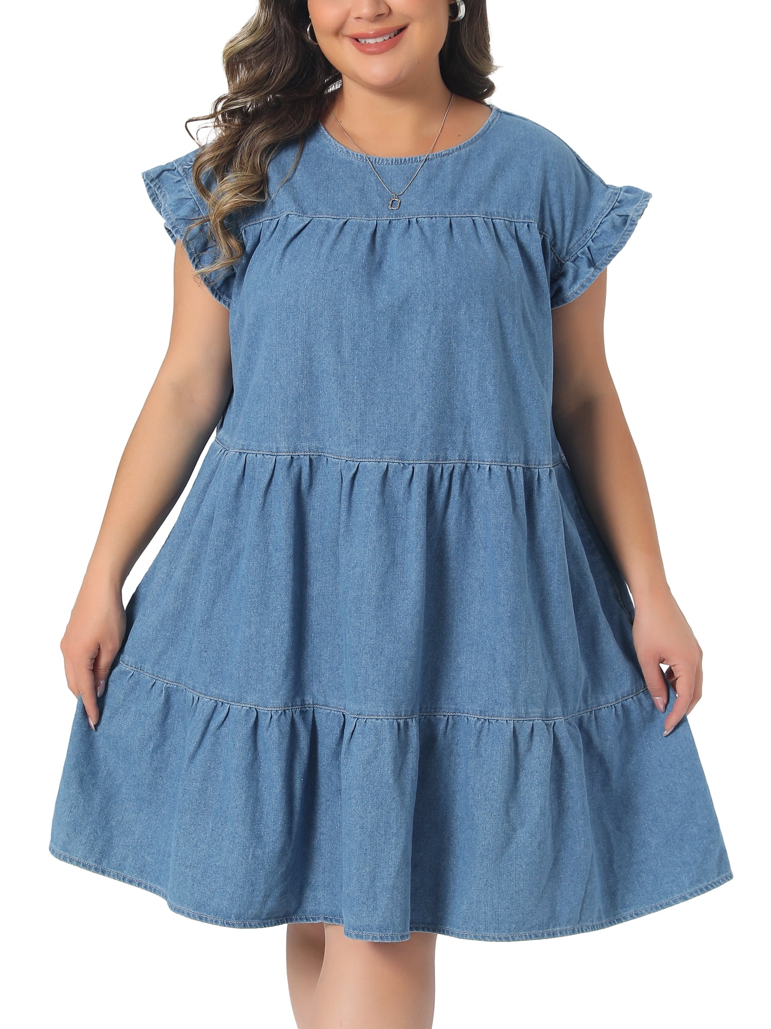 DARING DIVA Women's Plus Denim Dress Babydoll Ruffle Sleeve 2X Light Blue