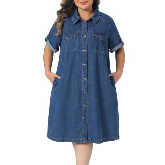 DARING DIVA Women's Plus Denim Button Down Short Sleeve Dress 1X Blue