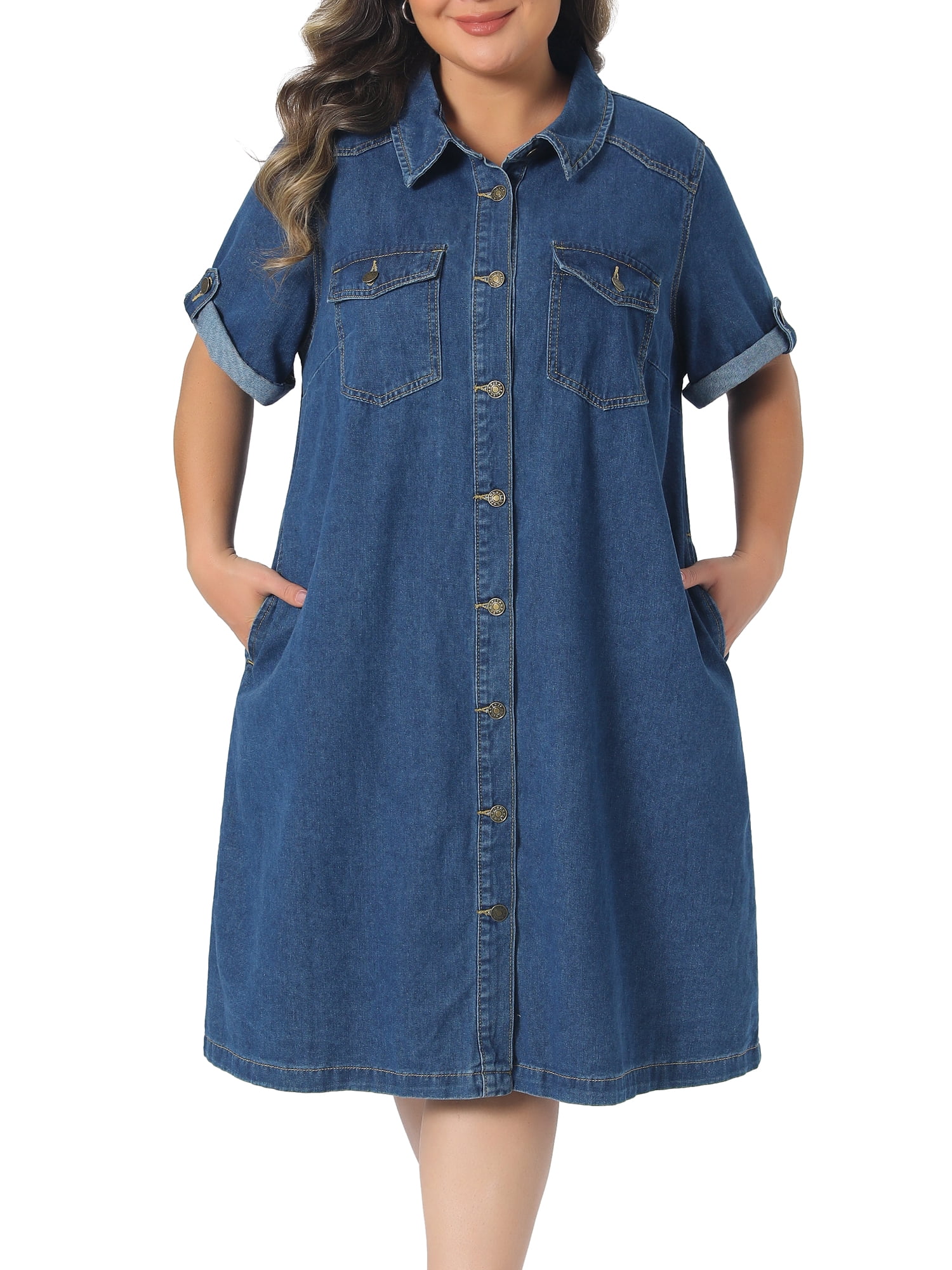 DARING DIVA Women's Plus Denim Button Down Short Sleeve Dress 3X Blue