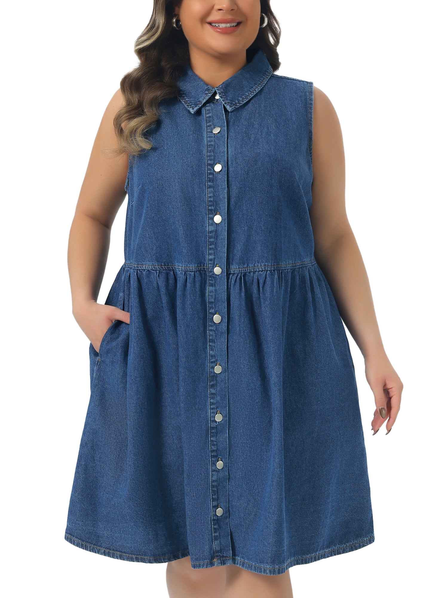 DARING DIVA Women's Plus Denim Dress Sleeveless Babydoll 1X Blue