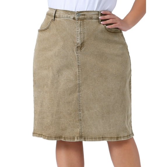 DARING DIVA Women's Plus Denim Elastic Waist Back Vent Jeans Skirts 1X Khaki